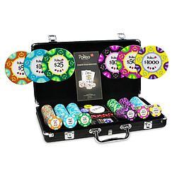 Mallette Poker 300 Jetons Pokeo Deluxe - Set de 300 jetons de Poker 14g+Mallette Aluminium Noir+2 jeux de cartes 100% plastique+Bouton Dealer