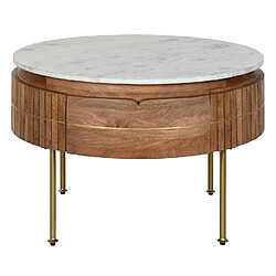 Pegane Table basse ronde en marbre blanc et bois de manguier coloris marron - Diamètre 85 x Hauteur 45 cm