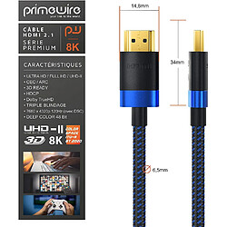 Avis Primewire ? Câble HDMI 2.1 de 2m - 8k @ 30Hz - 8k @ 120Hz DSC - 4k @144Hz - @240Hz DSC - UHD II - HDMI 2.1, 2.0a et 2.0b - 3D - Haut débit Ethernet - VVR - Dynamic HDR 10+ - eARC - Dolby Vision