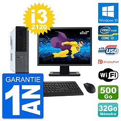 PC Dell 990 DT Ecran 22" Intel i3-2120 RAM 32Go Disque Dur 500Go Windows 10 Wifi - Occasion