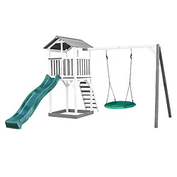 AXI Beach Tower Aire de Jeux avec Toboggan en VERT, Balançoire Nid d'oiseau VERT & Bac à Sable | Grande Maison Enfant extérieur en Gris & BLANC | Cabane de Jeu en Bois FSC