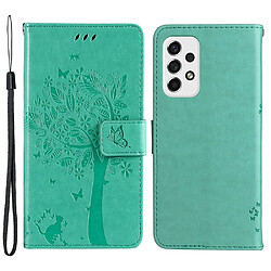 Etui en PU motif chat et arbre, magnétique, antichoc avec support et sangle vert pour votre Samsung Galaxy A53 5G