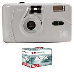 KODAK Pack M35 Argentique + Pellicule APX 100, 36 poses - Appareil Photo Kodak Rechargeable 35mm Gris, Objectif Grand Angle Fixe - Marbre Grey