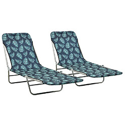 Helloshop26 Chaises longues pliables 2 pièces acier et tissu motif de feuilles 02_0011935