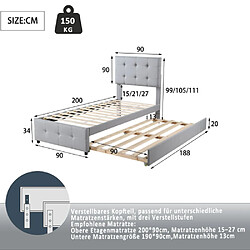 Acheter ComfortXL Lit rembourré 90 x 200 cm, lit enfant extensible, tête de lit réglable, tissu en lin, gris