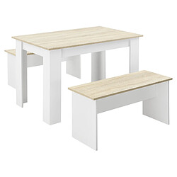 Lot de Table et 2 Bancs Design Ensemble de Meubles de Salle à Manger Stylé pour 4 Personnes Panneau de Particules Mélaminé 110 x 70 x 73 cm Blanc Chêne [en.casa]