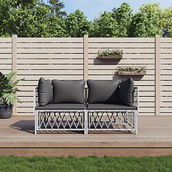 vidaXL Salon de jardin avec coussins 2 pcs blanc acier