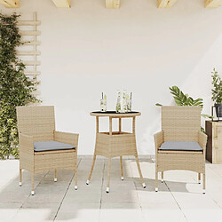 vidaXL Ensemble à manger de jardin et coussins 3 pcs beige rotin verre