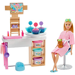 Barbie Bien-être coffret Journée au Spa avec poupée blonde, salon de beauté, figurine chiot et plus de 10 accessoires, jouet pour enfant, GJR84