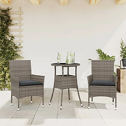 vidaXL Ensemble à manger de jardin et coussins 3 pcs gris rotin verre