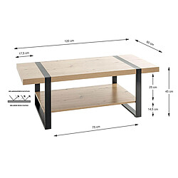 Pegane Table basse, table de salon en bois coloris chêne et métal noir -longueur 120 x profondeur 60 x hauteur 45 cm