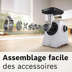 Hachoir a viande - BOSCH - MFWS420W Série 4 - Blanc - 500 W - moteur bloqué 1900 W - 2,5 kg/mn - 2 vitesses - 2 grilles de hachoir pas cher