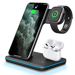 Chrono Support de chargeur sans fil rapide 15W Station de charge rapide QI 3 en 1 pour Apple Watch Series 6/SE/5/4/3/2, AirPod 1/2/Pro, iPhone 12/12 Pro/11/XS/X/8/8 Plus ; Samsung Galaxy Buds/S20,(noir)