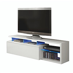 Alter Meuble TV de salon avec porte abattante et étagères en cristal avec lumière LED bleue, couleur blanche, 150 x 43 x 41 cm.