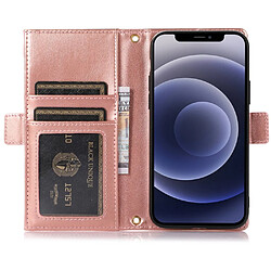 Etui en PU texture litchi avec support, pochette à fermeture éclair et sangle pour votre iPhone 12/12 Pro 6.1 pouces - rose