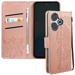 Avizar Étui Papillon Mandala pour Xiaomi Redmi 13 Portefeuille Dragonne Rose Champagne