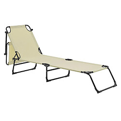 Helloshop26 Bain de soleil transat chaise longue pliable avec pare-soleil acier PVC polyester 187 cm crème 03_0000987