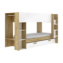 Avis Vente-Unique Lits superposés 2 x 90 x 200 cm avec rangements et penderie - Blanc et naturel - OZANA