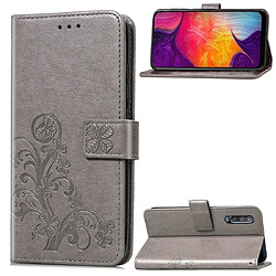 Wewoo Housse Coque Étui en cuir à Motif fleurs pressées Lucky Clover pour Galaxy A50avec porte-cartes et & Portefeuille et dragonne Gris