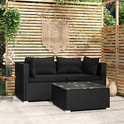 vidaXL Salon de jardin 3 pcs avec coussins Noir Résine tressée