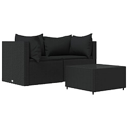 vidaXL Salon de jardin 3 pcs avec coussins Noir Résine tressée