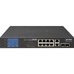 Planet Technology Corp ABI DIFFUSION PLANET GSD-1222VHP SWITCH LCD 10P GIGABIT 8 PoE+ 120W & 2 SFP ABI DIFFUSION Le PLANET GSD-1222VHP est un switch avec 12 ports Gigabit dont 2 ports Fibre SFP et 8 ports RJ45 injecteur PoE+ Gigabit fournissant en plus de la liaison réseau, une alimentation au travers du cordon Ethernet pour des périphériques conformes