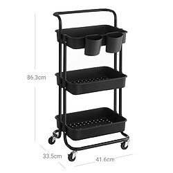 Helloshop26 Chariot mobile à 3 niveaux desserte sur roulettes étagère de rangement avec poignée 2 pots 2 freins paniers en plastique montage facile 86,3 cm pour chambre cuisine noir 12_0002729