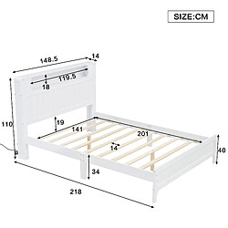 Avis KOMHTOM Lit double, étagère ouverte, avec barre de lumière ambiante, lit plat, lit en bois, cadre en pin, blanc, 140x200cm