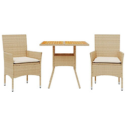 vidaXL Ensemble à manger de jardin et coussins 3pcs beige rotin acacia