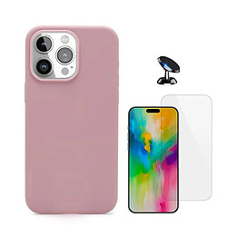 Kit Verre Trempé Clearglass + Housse Silicone Liquide + Support Voiture Magnétique Phonecare Compatible avec Apple iPhone 16 Pro - Rose