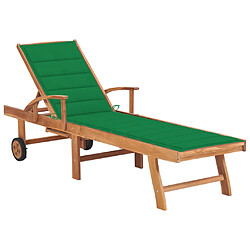 Helloshop26 Transat chaise longue bain de soleil lit de jardin terrasse meuble d'extérieur avec coussin vert bois de teck solide 02_0012540