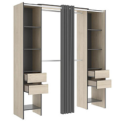 Avis Pegane Armoire dressing extensible avec rideau + 4 tiroirs coloris naturel/graphite - Longueur 100-180 x Hauteur 203 x Profondeur 50 cm