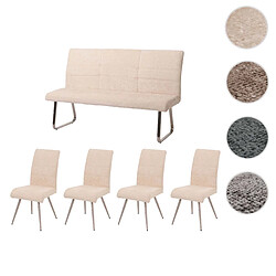 Mendler Set de salle à manger HWC-G55, set de 4 chaises + banc 160cm, inox brossé tissu/textile chenille ~ crème