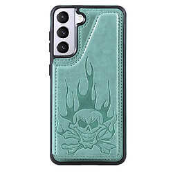 Coque en TPU + PU crâne imprimé, hybride avec béquille et porte-carte vert pour votre Samsung Galaxy S21 5G