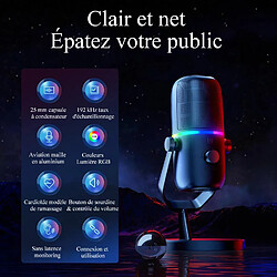 Xiaomi Microphone à Condensateur USB HAYLOU GX1 avec lumières RGB - 24Bit/192KHz - Cardioid Mic pour PC ou Mac