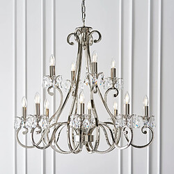 Interiors 1900 Chandelier Oksana, nickel poli, pendeloques cristal, 12 éclairages