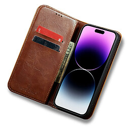 Etui en PU texture rétro, double ligne de couture, anti-chute avec support pour votre iPhone 14 Pro - marron