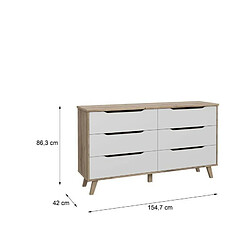 VANKKA Commode 6 tiroirs - Decor chene et blanc - L 154 x P 42 x H 86 cm pas cher