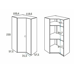 Inside 75 Armoire d'angle pan-coupé droite 2 portes 118,6 x 220 cm finition chêne blanchis intérieur double