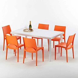 Avis Table Rectangulaire Blanche 150x90cm Avec 6 Chaises Colorées Grand Soleil Set Extérieur Bar Café Paris Summerlife, Couleur: Orange