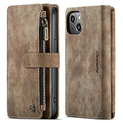 Caseme Etui en PU + TPU antichoc, support avec poche zippée, antichoc marron pour votre Apple iPhone 13 6.1 pouces