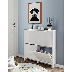 Pegane Commode Meuble à chaussures 2 portes blanc brillant - Hauteur 98 x Longueur 97 x Profondeur 17 cm