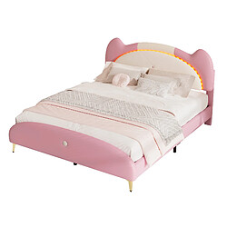 KOMHTOM Lit double pour enfants 140x200 cm, avec cadre en bois massif et fer tubulaire, bande lumineuse LED, beige + rose