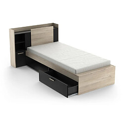 Avis Vente-Unique Lit modulable 90 x 190/200 cm avec rangements - Noir et naturel + Sommier + Matelas - MARTELO