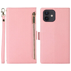 Etui en PU texture litchi avec support, pochette à fermeture éclair et sangle pour votre iPhone 11 6.1 pouces - rose