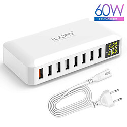 Universal Chargeur rapide USB blanc 60W à 8 ports Hub QC3.0 Intelligent Rapid Charging LED Display Multi-USB Charging Station Mobile Desktop Home