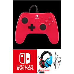 Power A Manette filaire SWITCH ROUGE Framboise Officielle Nintendo avec Câble USB détachable + CASQUE SWITCH ROUGE BLEU