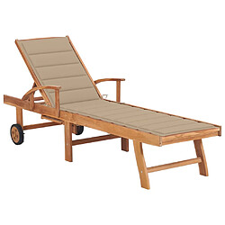 Helloshop26 Transat chaise longue bain de soleil lit de jardin terrasse meuble d'extérieur avec coussin beige bois de teck solide 02_0012303