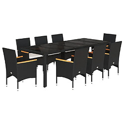 vidaXL Ensemble à manger de jardin et coussins 9 pcs noir rotin verre