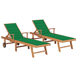 Helloshop26 Lot de 2 transats chaise longue bain de soleil lit de jardin terrasse meuble d'extérieur avec coussin vert bois de teck solide 02_0012038